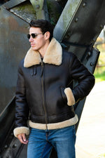 Brown sheepskin aviator bomber, beige shearling-lined with metal zip. - Image n°2