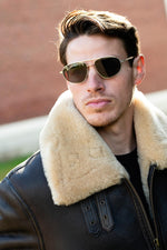 Brown sheepskin aviator bomber, beige shearling-lined with metal zip. - Image n°7