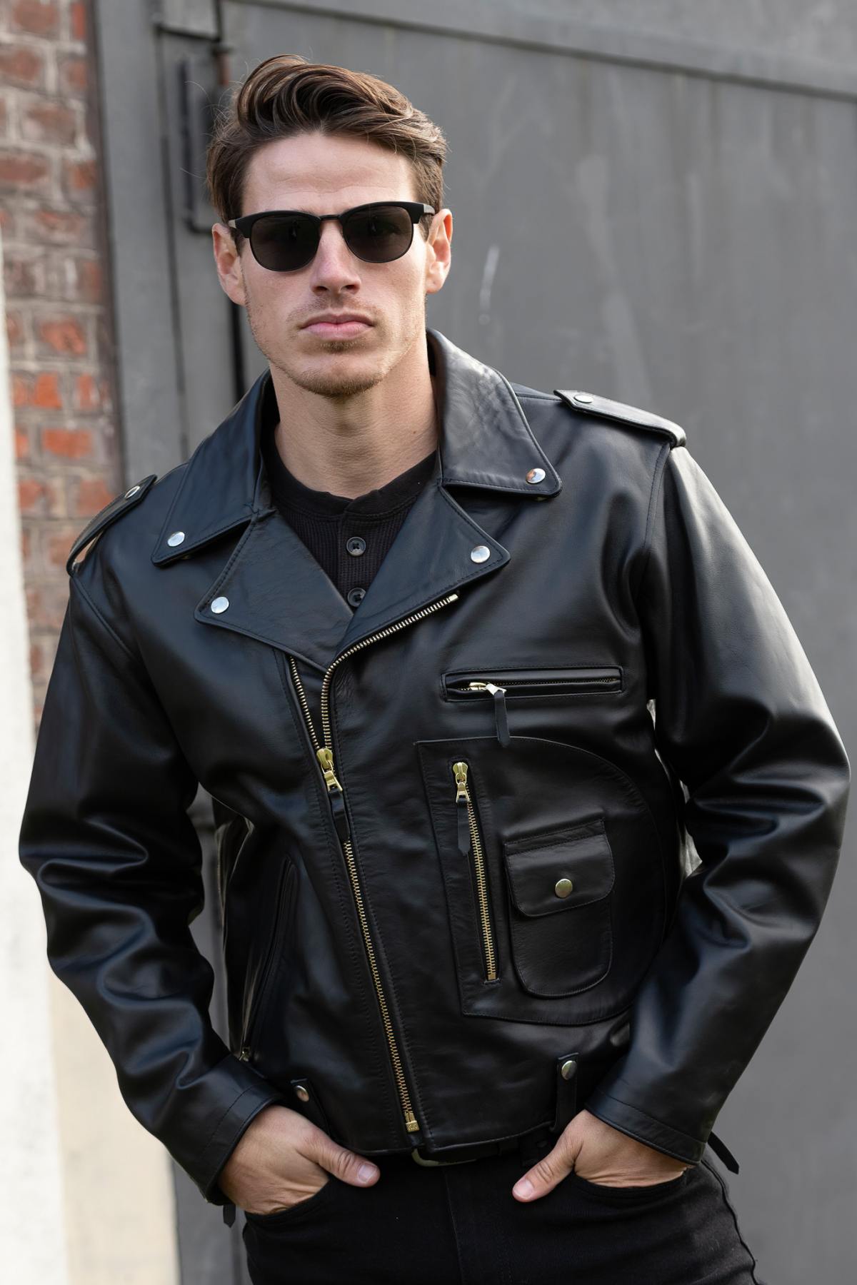 Biker leather jacket with D-Pocket - Image n°1