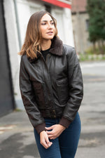Dark brown lambskin aviator by Schott NYC. Slim fit, vegan fur collar. - Image n°1