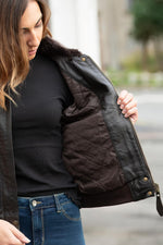 Dark brown lambskin aviator by Schott NYC. Slim fit, vegan fur collar. - Image n°4