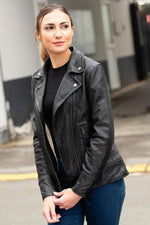 Black leather jacket with asymmetrical collar - Image n°5