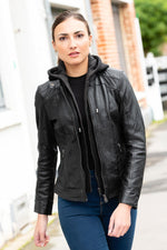 Black lambskin jacket with removable hood, slimfit and rock-inspired. - Image n°1