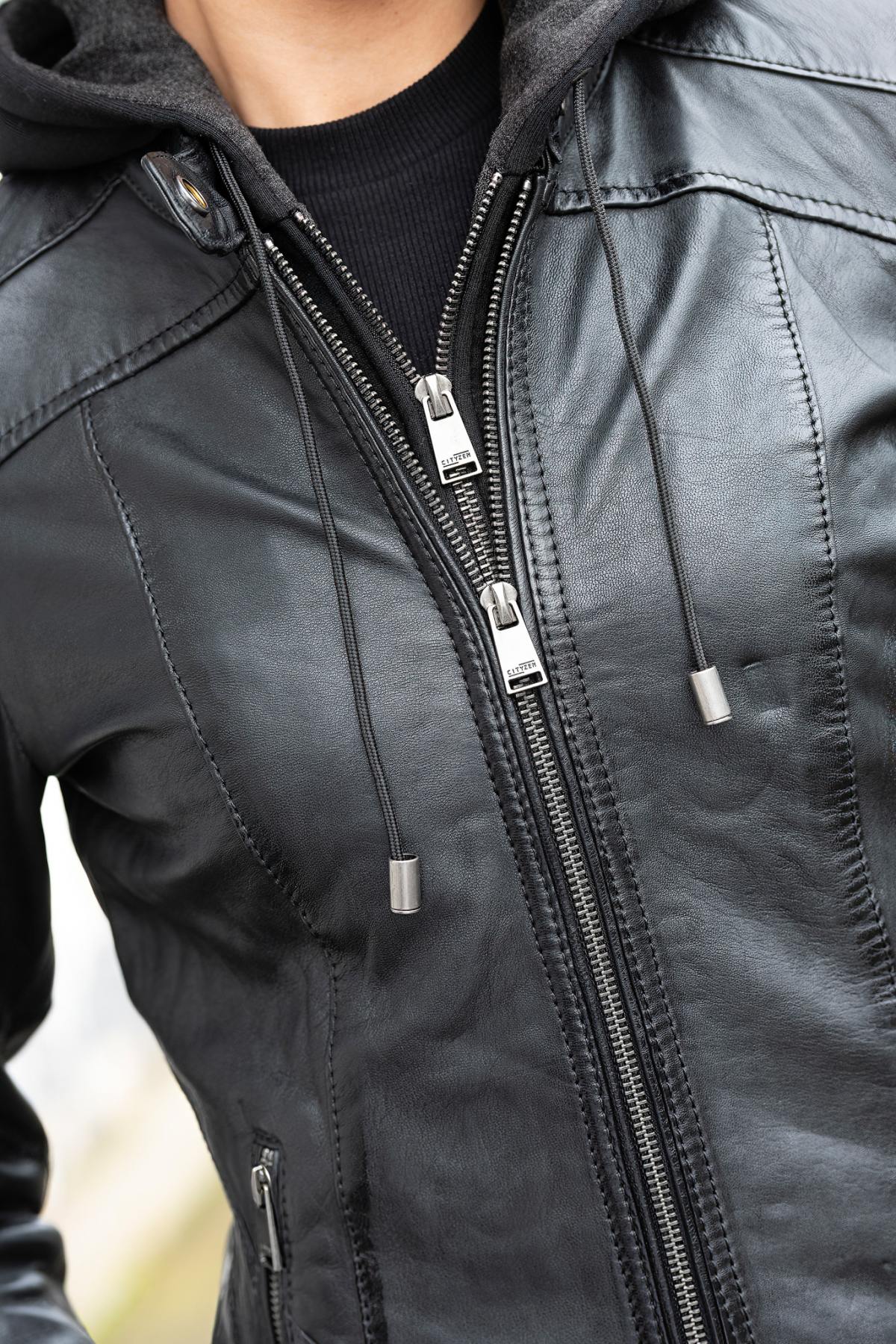 Black lambskin jacket with removable hood, slimfit and rock-inspired. - Image n°6