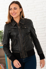 Brown leather jacket with shirt collar and ribbed edges in aged look - Image n°1