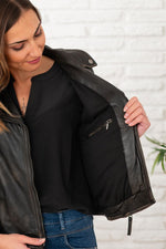 Aged brown sheepskin leather jacket, slim fit, vintage perfecto style. - Image n°7