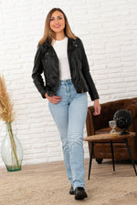 Black asymmetrical collar leather jacket for women - Image n°1