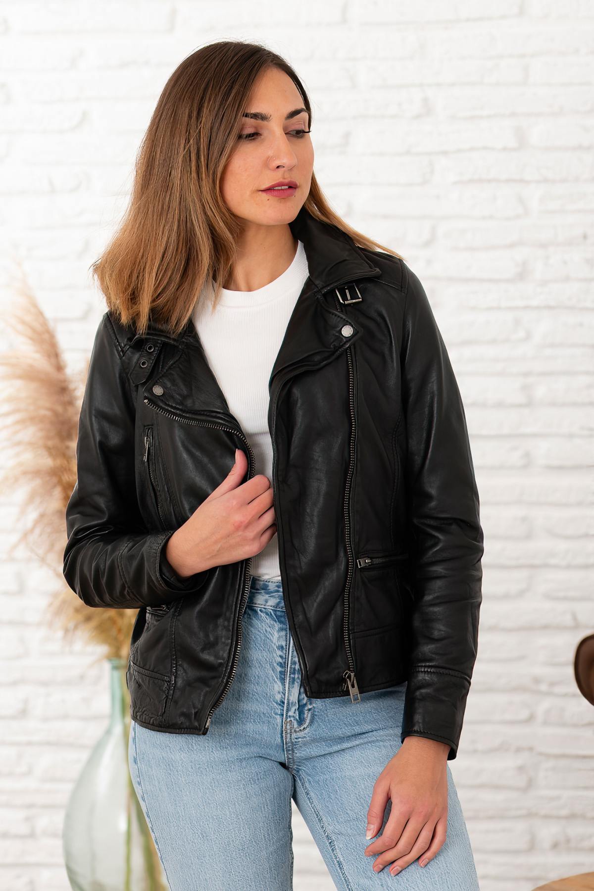 Black asymmetrical collar leather jacket for women - Image n°4