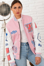 Oversized varsity jacket in rose bi-material-bold and sporty. - Image n°2