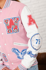 Oversized varsity jacket in rose bi-material-bold and sporty. - Image n°4