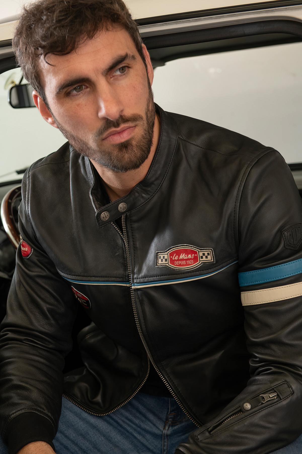 Iconic black sheepskin jacket from the 24 Hours of Le Mans collection. - Image n°1