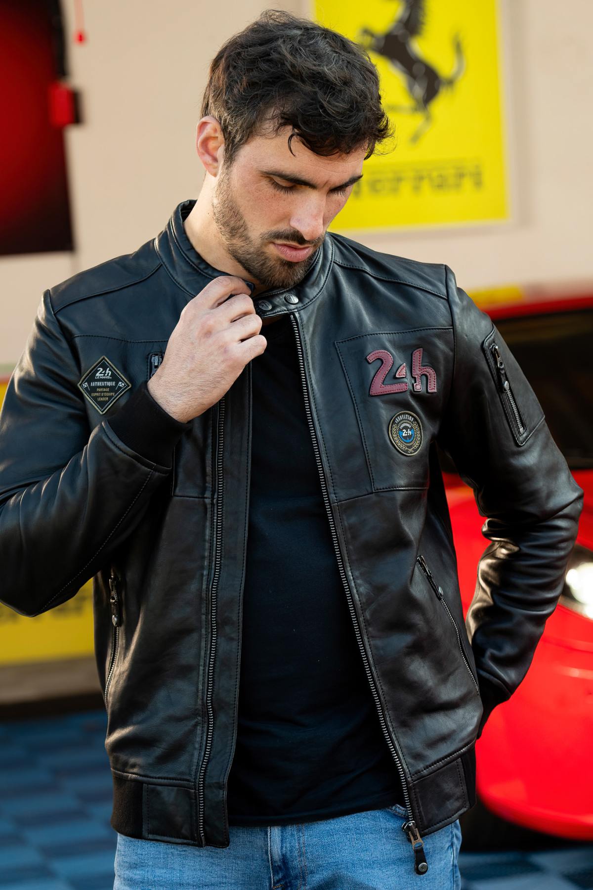 24 Hours of Le Mans black sheepskin jacket, biker-inspired. - Image n°5