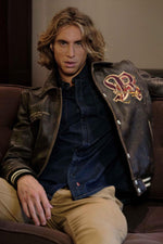 Aged brown vachetta leather jacket by Redskins, dragon embroidery. - Image n°5