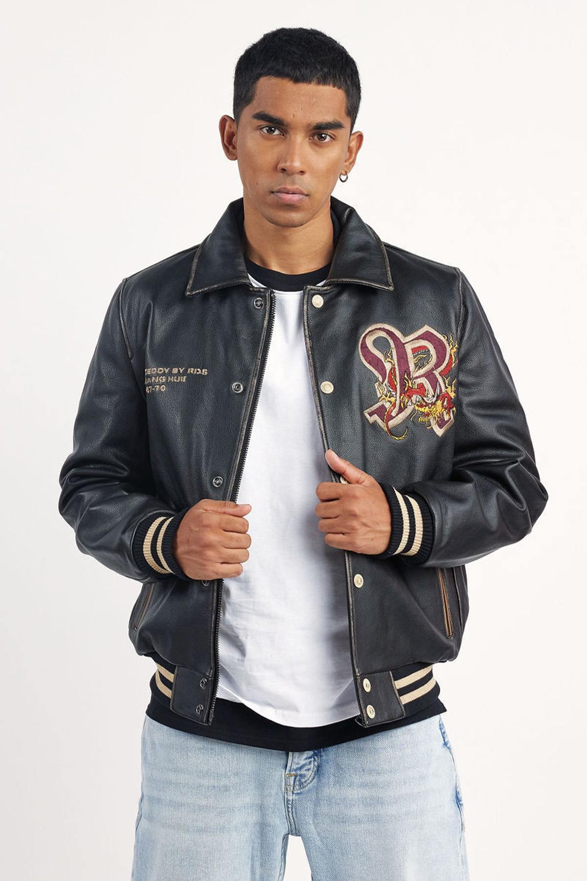 Oversized cowhide jacket with dragon embroidery and Redskins accents. - Image n°10