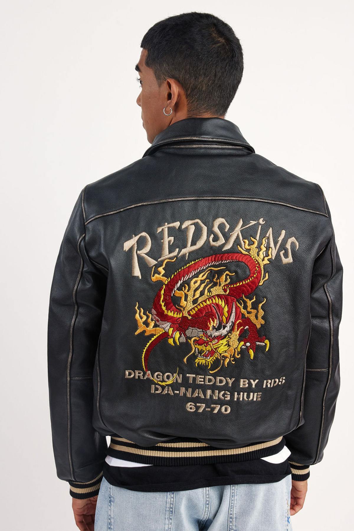Oversized cowhide jacket with dragon embroidery and Redskins accents. - Image n°9