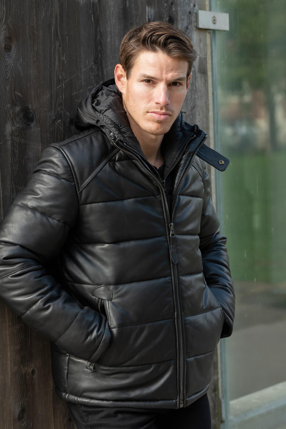 Black leather down jacket with removable hood - Image n°5