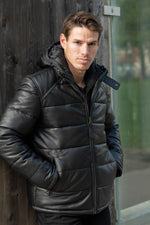 Black leather down jacket with removable hood - Image n°5