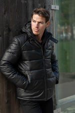 Black leather down jacket with removable hood - Image n°1