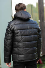 Black leather down jacket with removable hood - Image n°3