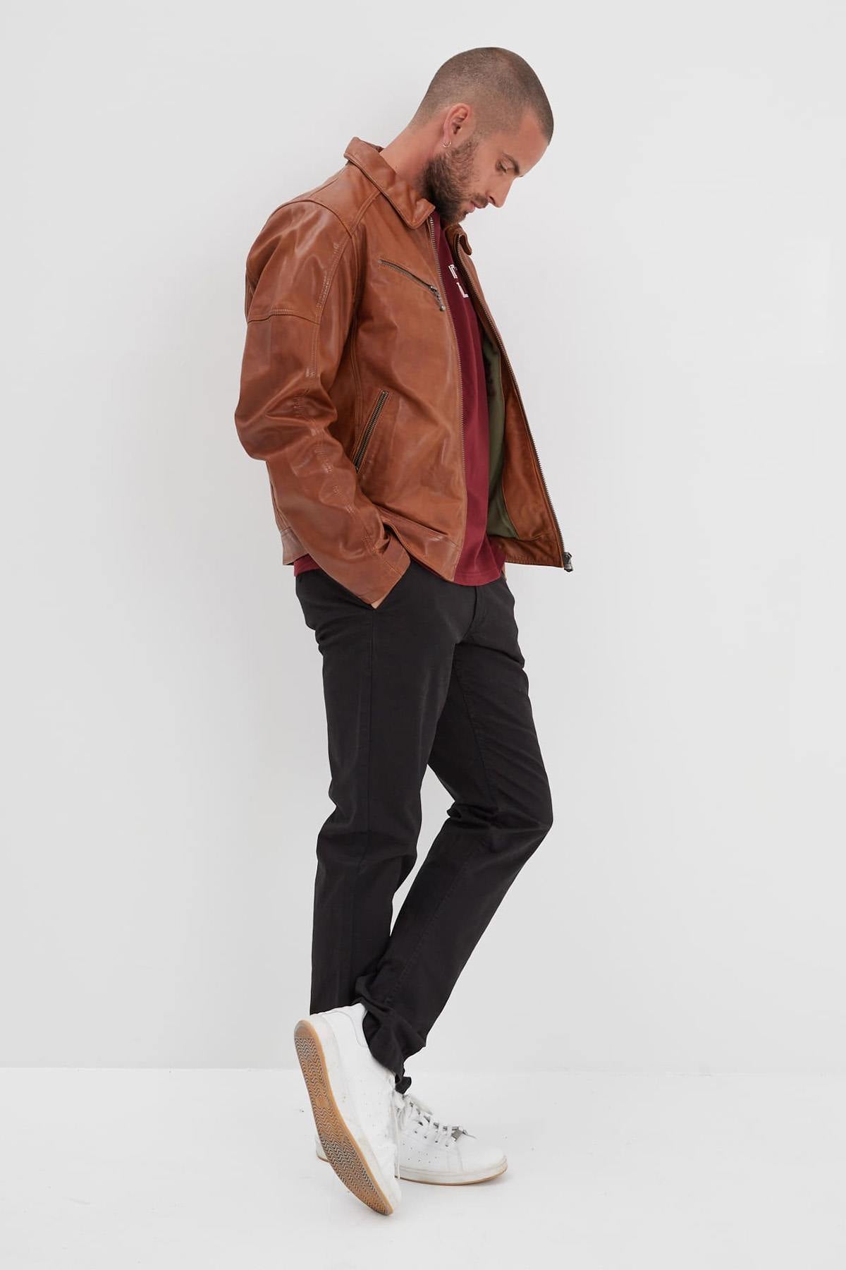 Cognac sheep leather jacket, slim-fit and washed for a vintage touch. - Image n°3