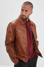 Cognac sheep leather jacket, slim-fit and washed for a vintage touch. - Image n°1