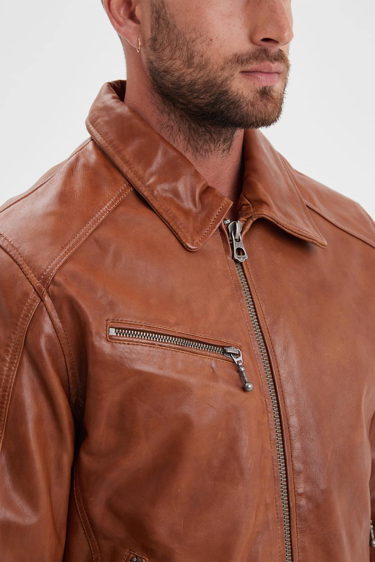 Cognac sheep leather jacket, slim-fit and washed for a vintage touch. - Image n°2