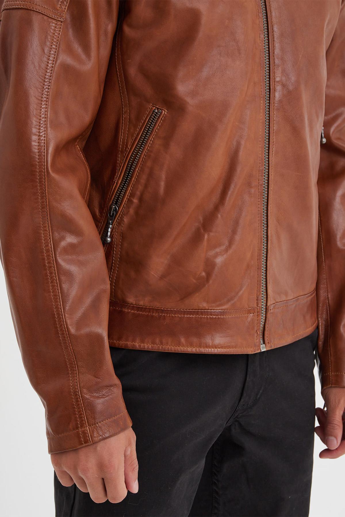 Cognac sheep leather jacket, slim-fit and washed for a vintage touch. - Image n°6