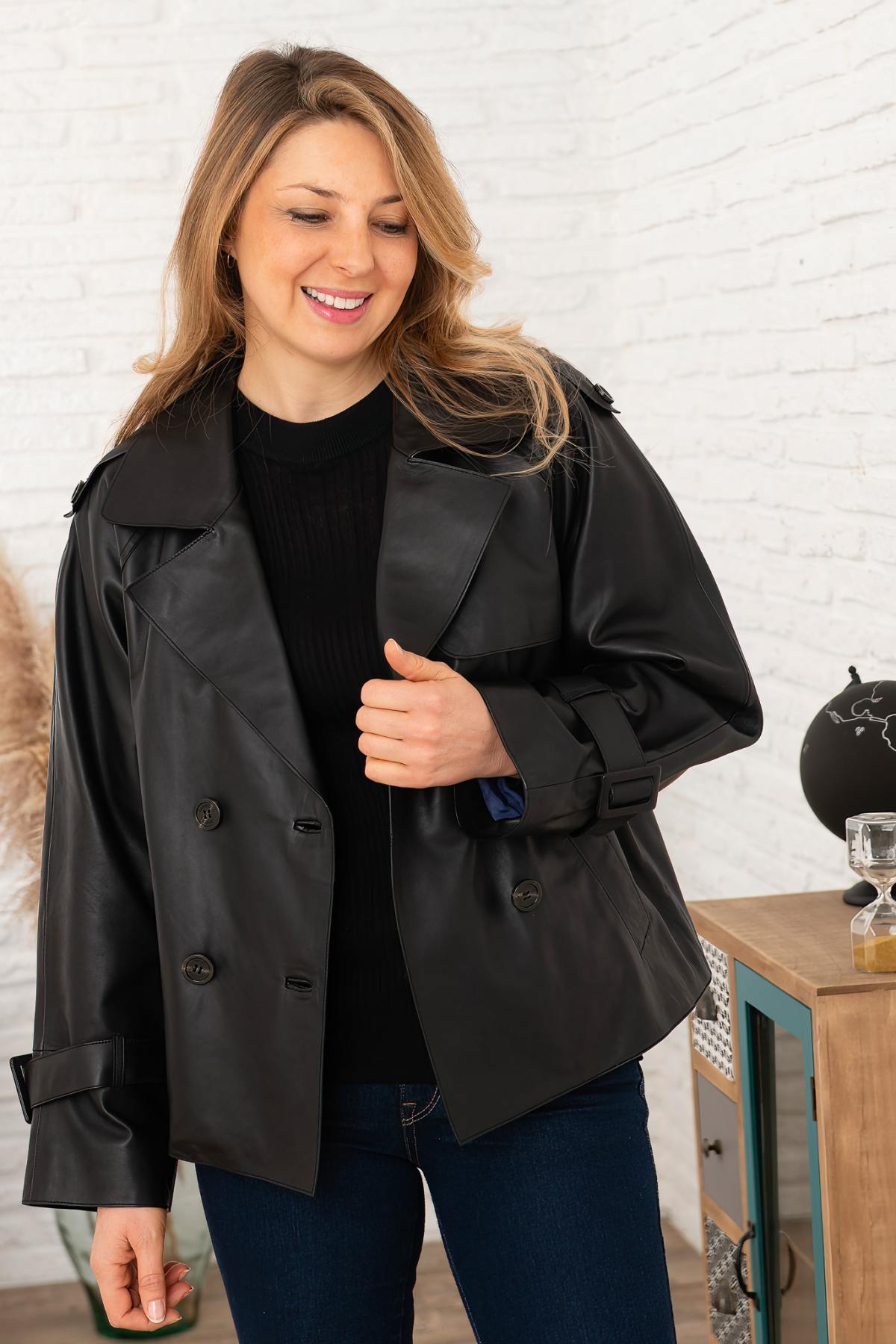 Black leather trench inspired jacket - Image n°1