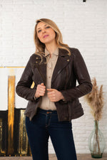 Slim-fit dark brown sheepskin perfecto for a rock-chic statement. - Image n°1