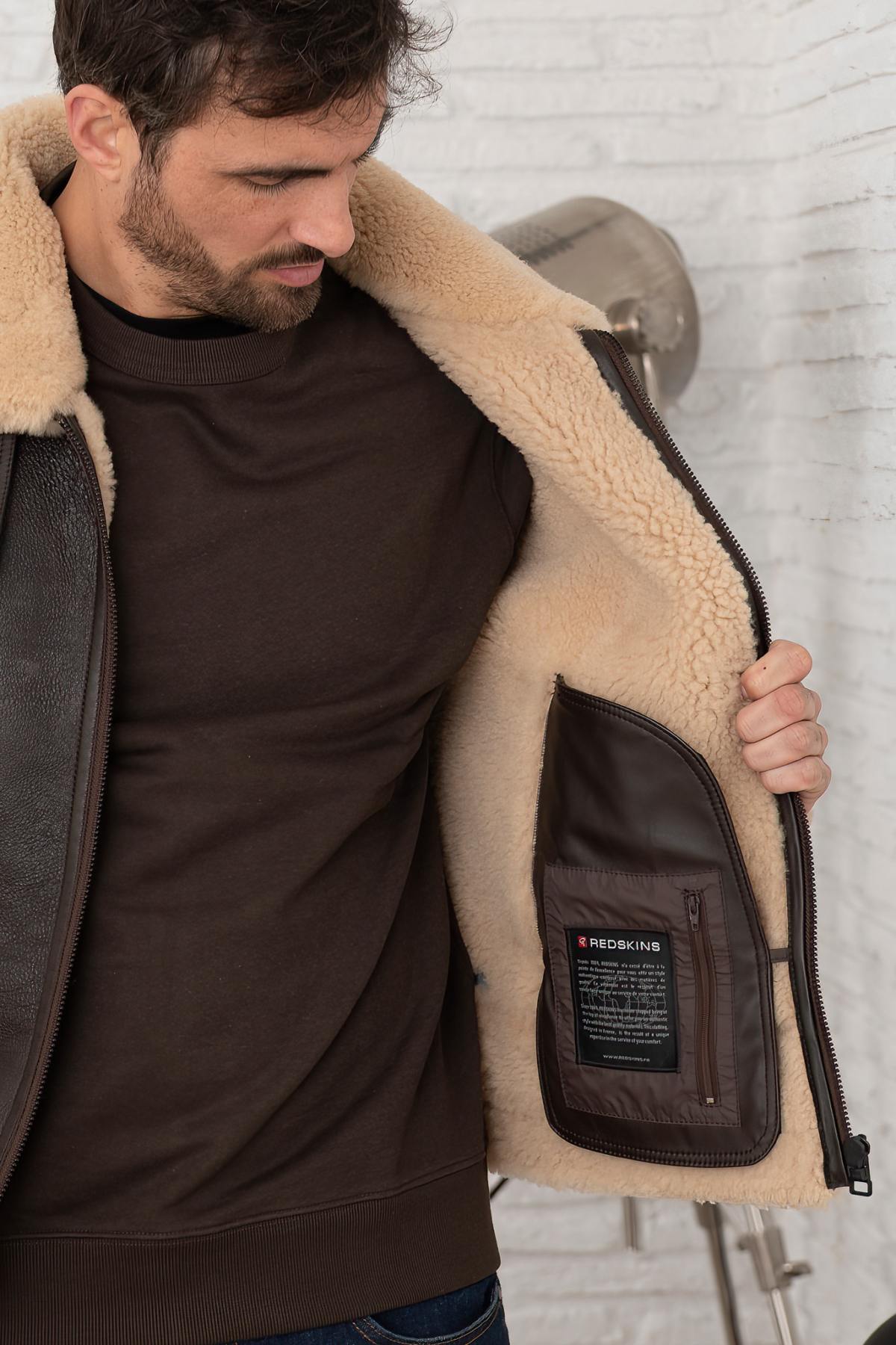Redskins' aged brown and beige sheepskin bomber, double-lined. - Image n°5