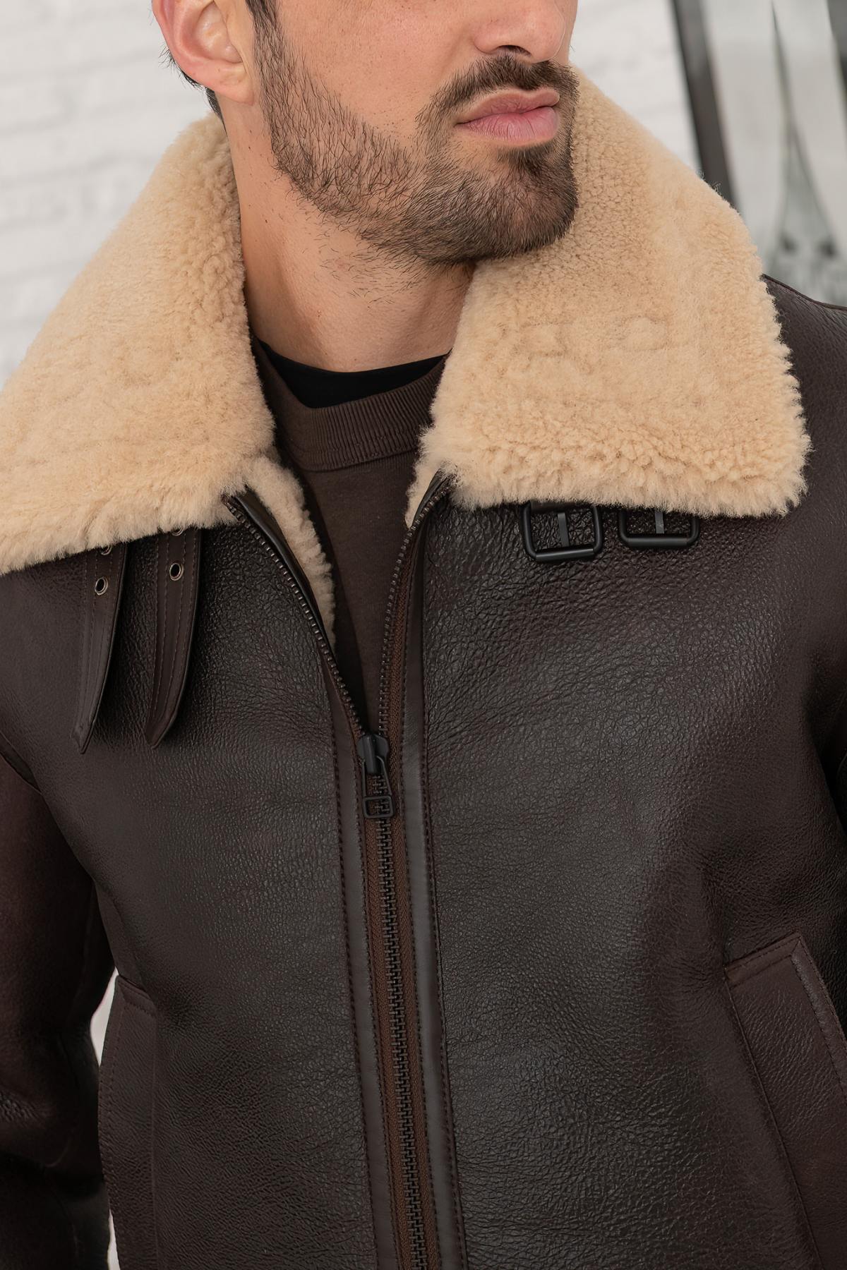 Redskins' aged brown and beige sheepskin bomber, double-lined. - Image n°4