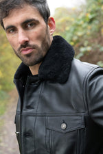 Black leather trucker jacket with removable fur collar - Image n°2