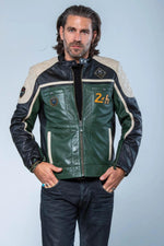 Green, white and black racing biker collar leather jacket - Image n°5