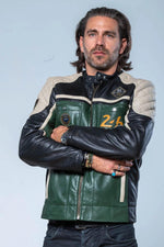 Green, white and black racing biker collar leather jacket - Image n°4