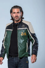 Green, white and black racing biker collar leather jacket - Image n°1