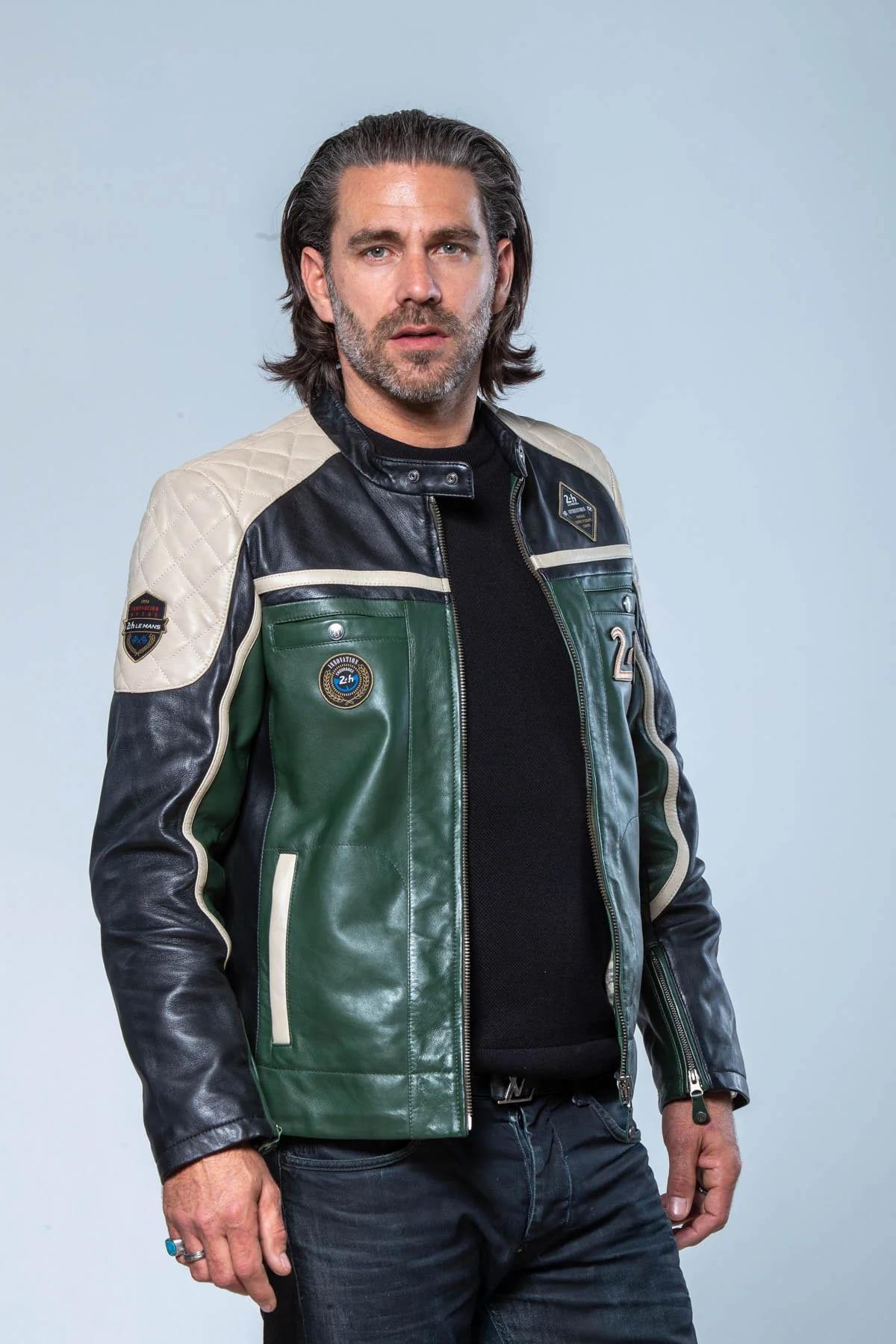Green, white and black racing biker collar leather jacket - Image n°2