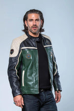 Green, white and black racing biker collar leather jacket - Image n°2
