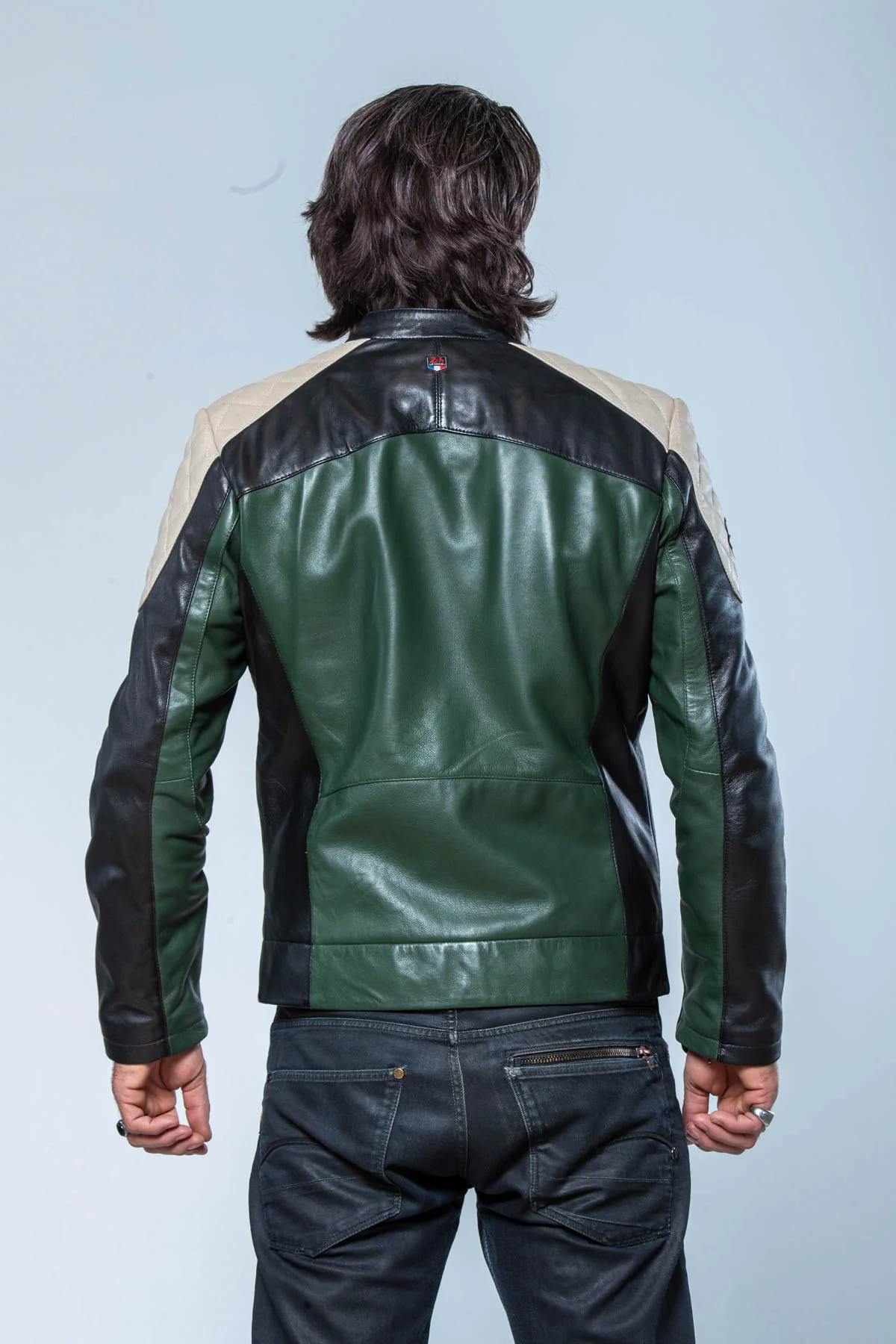Green, white and black racing biker collar leather jacket - Image n°3