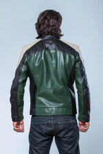 Green, white and black racing biker collar leather jacket - Image n°3