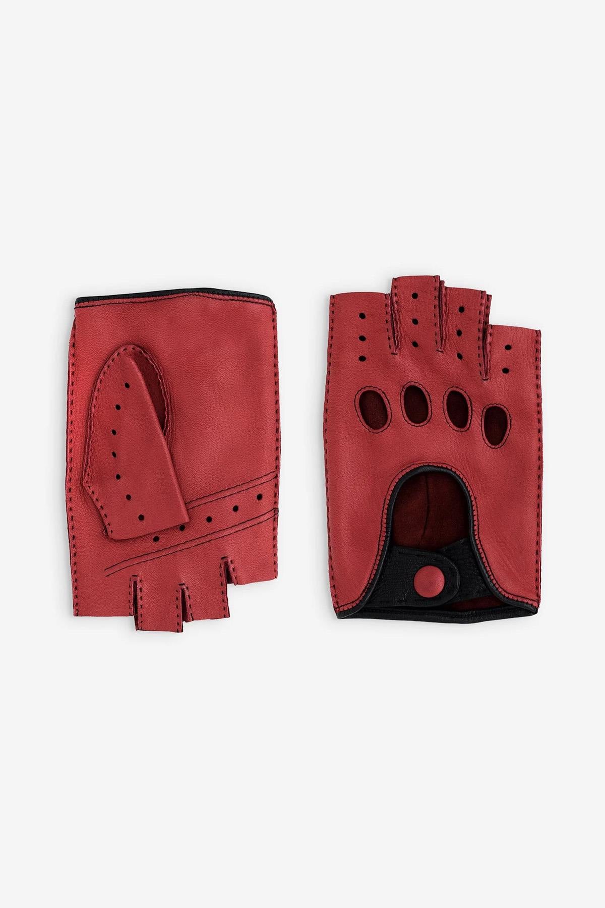 Deerskin Leather Driving Gloves Mittens Red and Black - Image n°2
