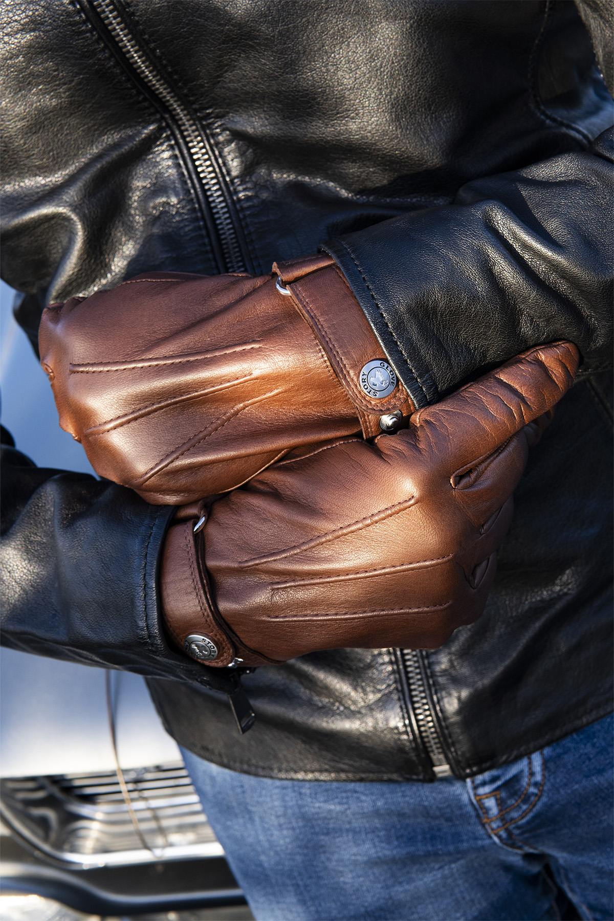 Prestige leather gloves in cork color with blue suede grip edge - Image n°1