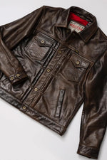 Rustic mahogany buffalo leather trucker jacket with western stitching. - Image n°3