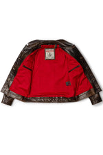 Rustic mahogany buffalo leather trucker jacket with western stitching. - Image n°14