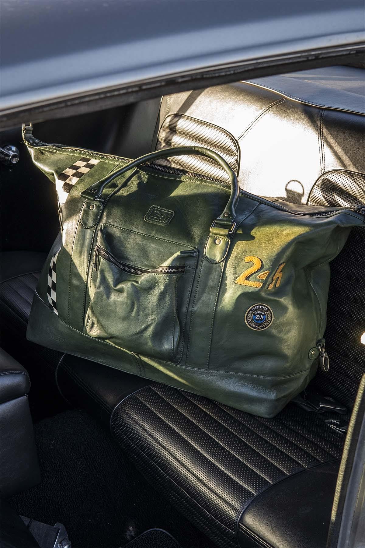 Large green leather travel bag with Racing stripe - Image n°2