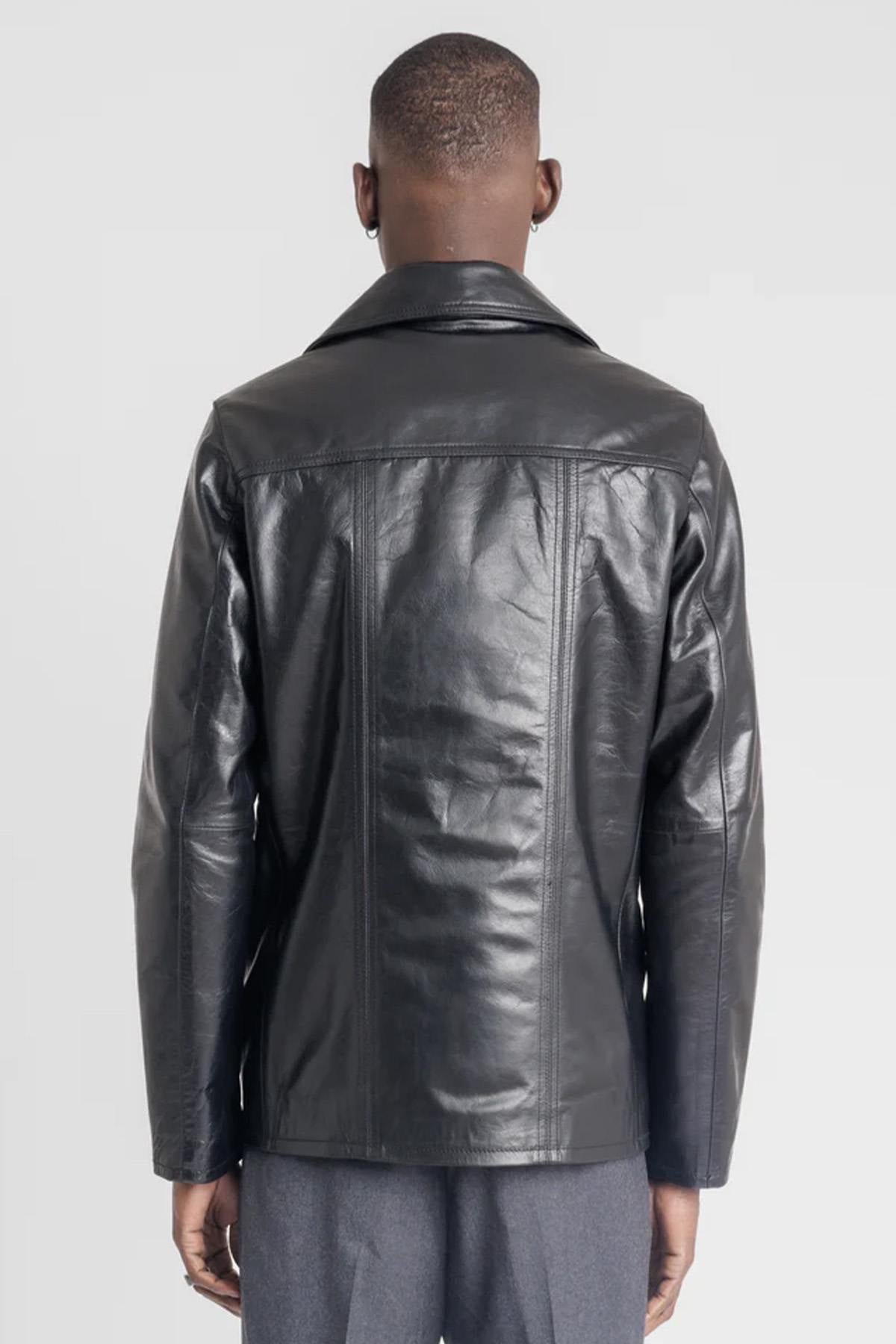 Retro black buffalo leather jacket with detachable hood and cut. - Image n°11