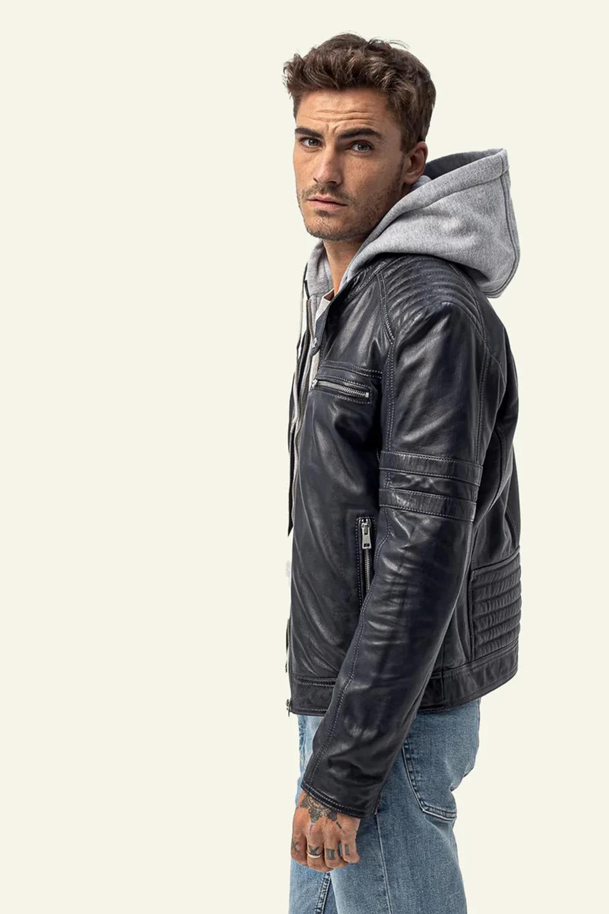 Navy blue biker collar leather jacket with removable grey hood - Image n°1