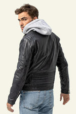 Navy blue biker collar leather jacket with removable grey hood - Image n°2