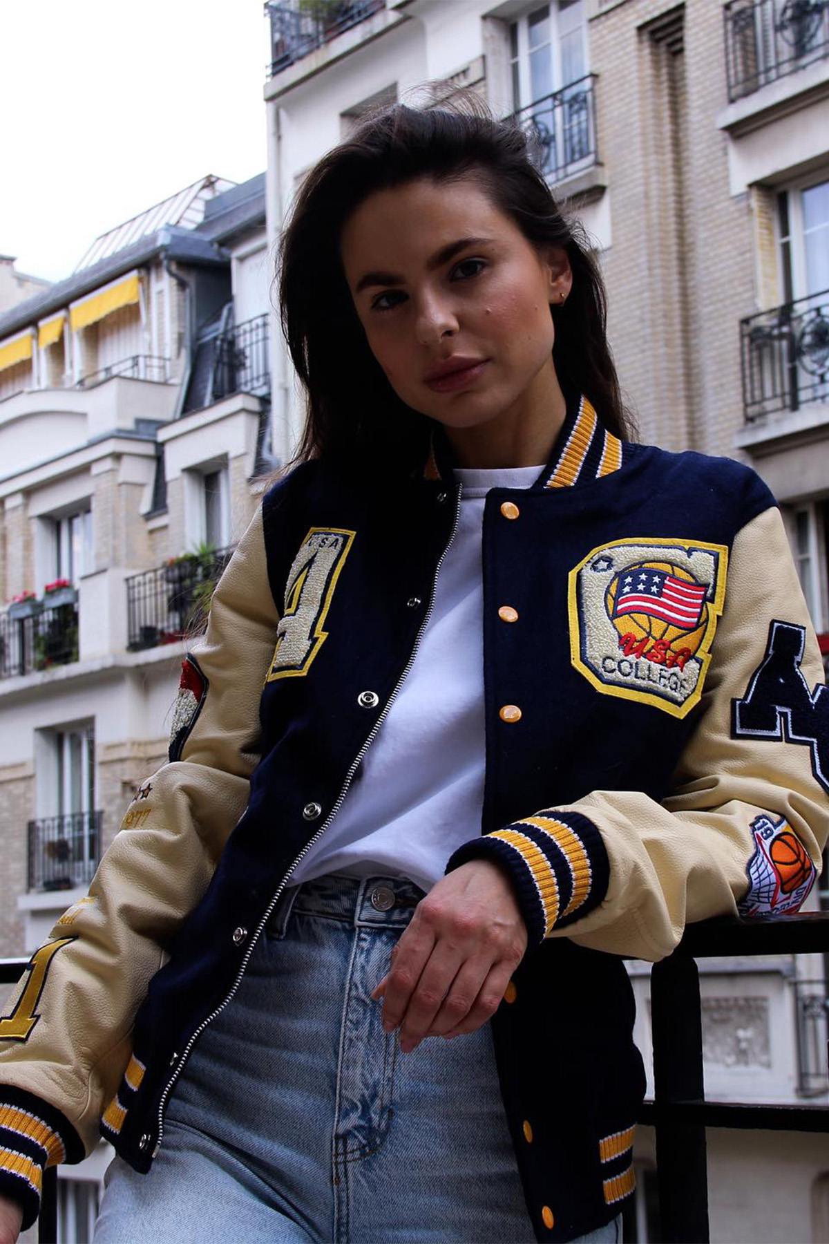 AC-17 varsity jacket: navy and beige wool with sheepskin sleeves. - Image n°8