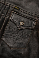 Western style shirt collar leather jacket with accelerated patina - Image n°9