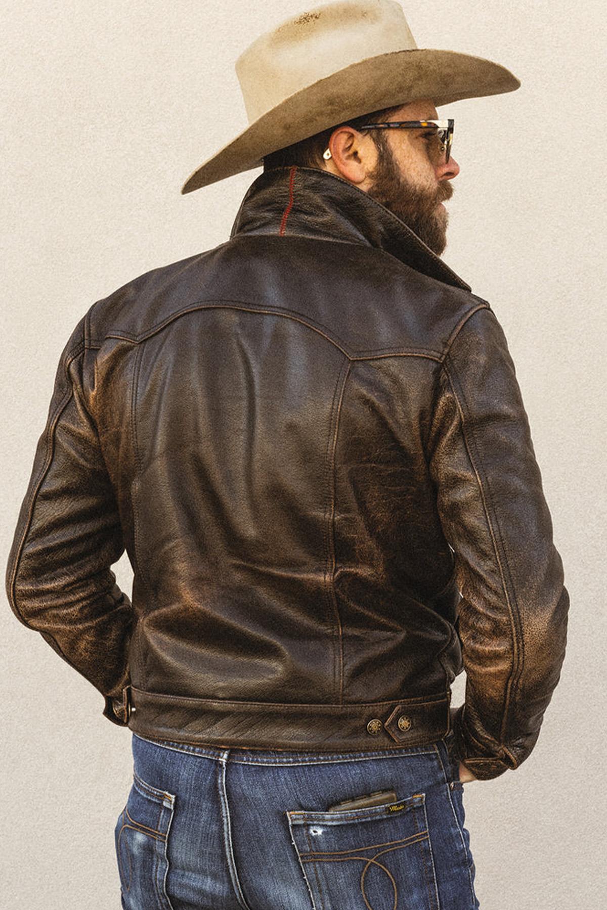 Western style shirt collar leather jacket with accelerated patina - Image n°5